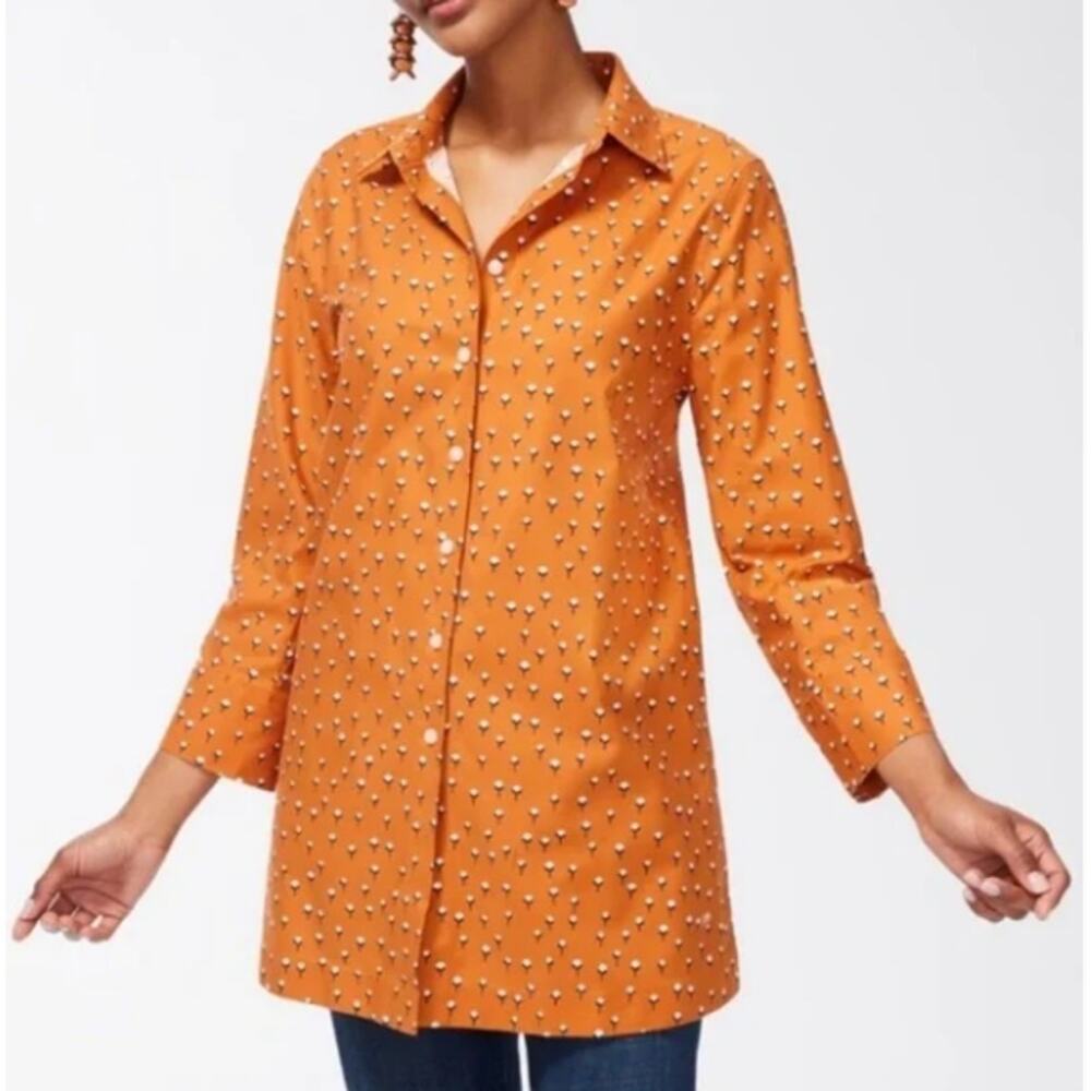 Chico's Size Small (0) US 4 Orange Button Up 3/4 Sleeves Cotton Plant Shirt